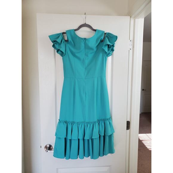 Tome NYC Ariel Turquoise Sea Green Ruffled Stretch Midi Dress, Size 2 - Picture 8 of 12
